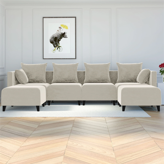 Velvet Square Arm Sofa Sectional Sofa Couch U-shape with 6 Pillows