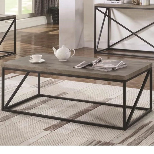 Industrial Style Minimal Coffee Table With Wooden Top And Metallic Base, Gray - 17.75 H x 47.25 W x 23.75 L Inches