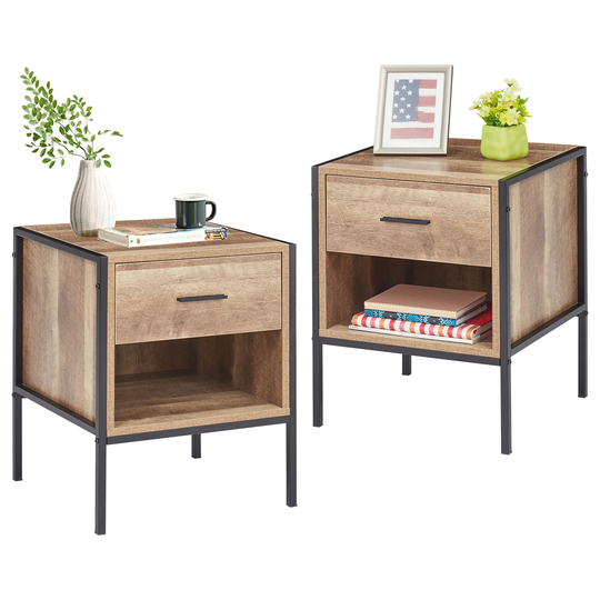 Kinbor Set of 2 Modern Nightstands, Night Tables w/ Drawer Storage Shelf, Side End Table for Bedroom, Lounge Room