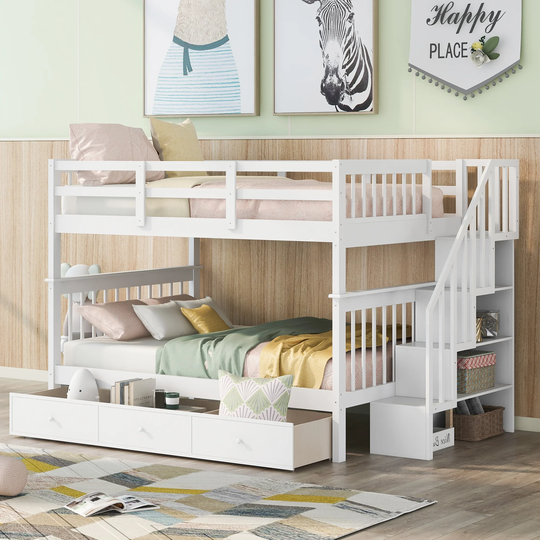 Concise & Elegant Stairway Full over Full Bunk Bed with Drawer, Storage and Full-length Guardrail, Can Be Divided into 2 Beds