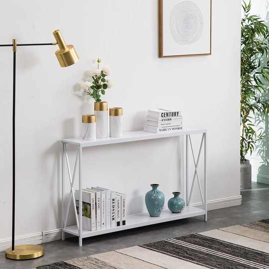 Board Cross Iron Frame Console Table Sofa Side Table Wood Grain