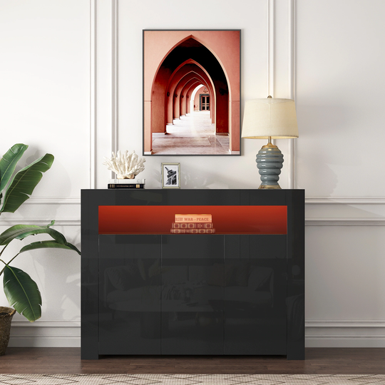 Living Room Sideboard Storage Cabinet with LED Light, Cupboard Wooden Storage Display Cabinet TV