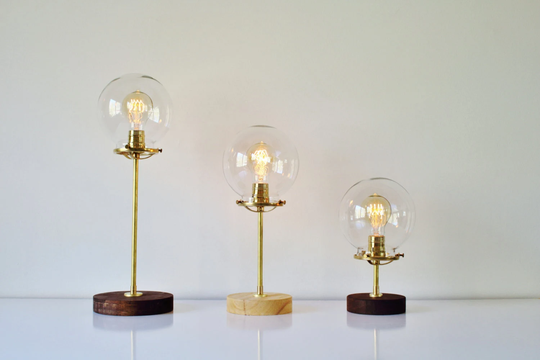 Globe Table Lamp, Industrial Brass & Wood Desk Round Clear Glass Bubble Orb Shade, Modern Bootsngus Lighting & Home Decor