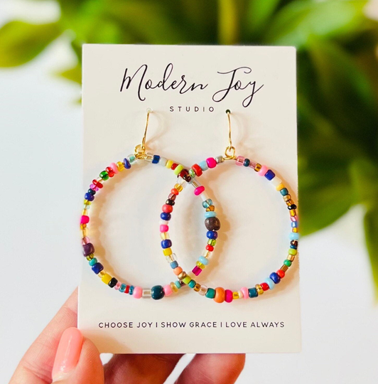 Beaded Hoop Earrings Colorful Boho Dangle, Unique Handmade Gift, Hippie Beaded, Multicolored Eclectic Women