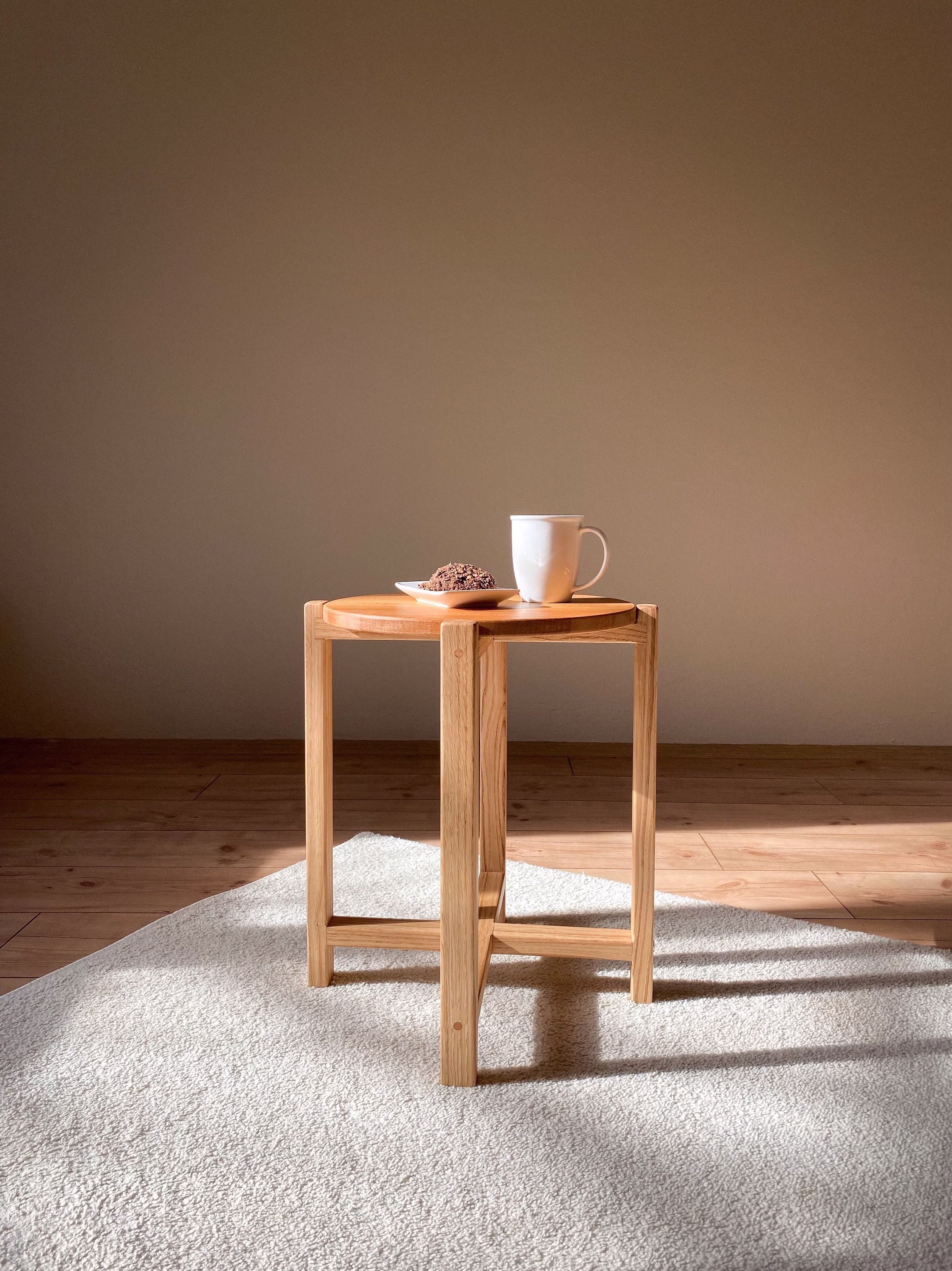 Side Table, Round Small Coffee End Bedside Solid Wood Plants Table