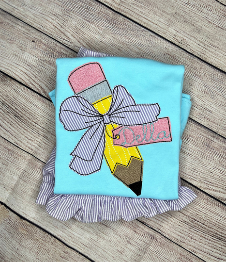 Back To School Appliqued Shirt For Girls, Embroidered Pencil With Bow & Shorts Set