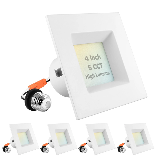 Luxrite 4" Square LED Recessed Can Light 14W=75W 5 Color Option 950 Lumens Dimmable Wet Rated ETL Listed 4 Pack