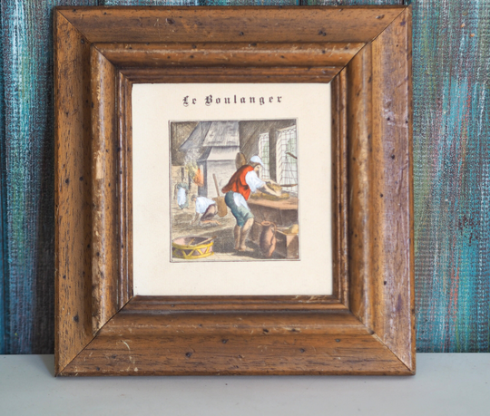 Le Boulanger - Antique French Hand-Colored Drypoint, Colored Drypoint Wooden Frame, Antique, Excellent Quality