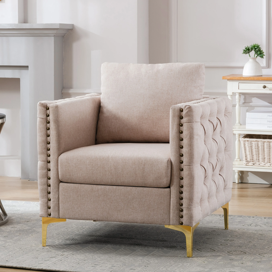 Nordic Style Linen Diamond Tufted Pattern Accent Chair Club Chair with Gold legs and Nailhead Trim for Living Room Bedroom