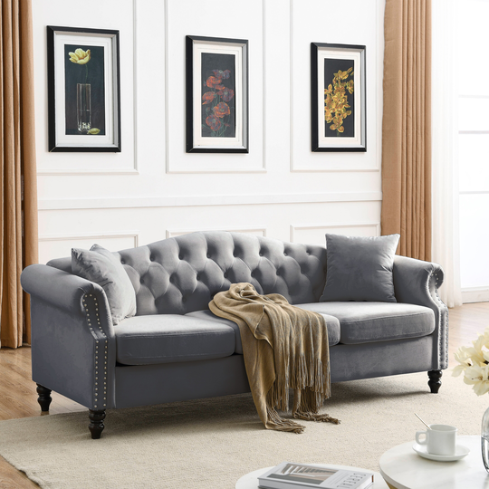 79" Chesterfield Sofa, 3 Seater Velvet Upholstered Sofa Tufted Couch with Rolled Arms and Nailhead & Two Pillows for Living Room