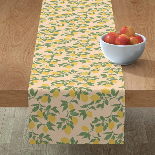 Vintage Lemons Table Runner - By Kimsa Pink Farmhouse French Rustic Cottage Garden Green Cotton Sateen Spoonflower