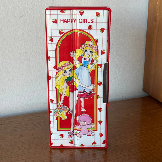Vintage Happy Girls Pencil Box, Case, 1980's School, Home, Storage Toy, Vinyl, Plastic, Big Eyed Anime, Strawberry, Rainbow, Boy, Kid, Japan