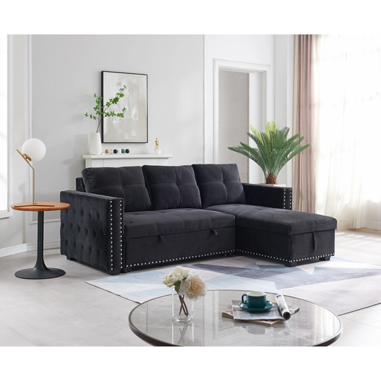 Sectional sofa with pulled out bed,2 seater reversible chaise storage