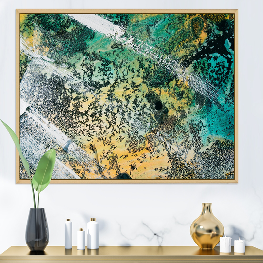 Designart 'Colorful Alcohol Ink Marble Blue And Yellow' Modern Framed Canvas Wall Art Print