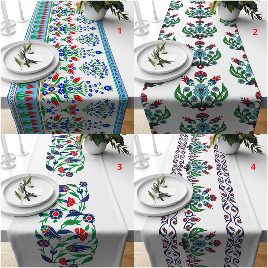 Red Tulip Style Table Runner, Ethnic Top, Turkish Tile Patterned Cover, Authentic Decor, Bohemian Home Decor