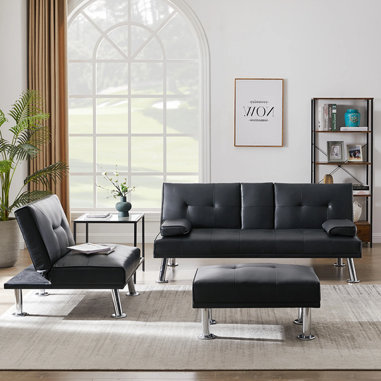 Lara PU Leather Upholstered Convertible Folding Sofa Bed with 2 Cup Holders, Removable Armrest and Ottoman (Set of 3)