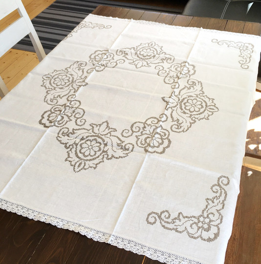 Handmade White Table Linens, Vintage Hand Embroidery, Cross Stitch, Crochet Lace Tablecloth, Square Cloth, Festive Dinner 48x43"