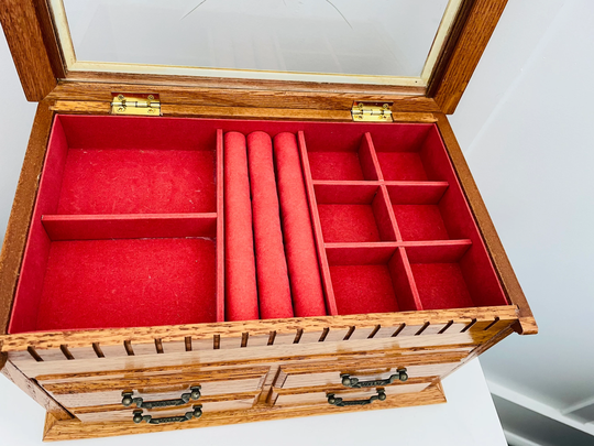 Wood & Etched Glass Jewelry Box, Drawer Storage Box