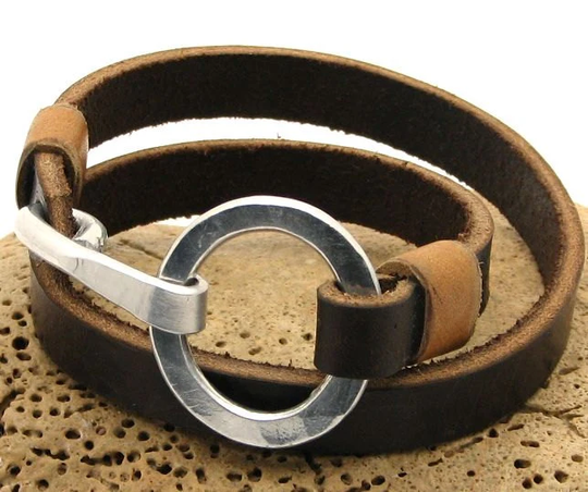 Wrap Leather Bracelet. Custom Men's The Brown Around Your Wirst Twice. Hammered Metal Work Ring & Hook