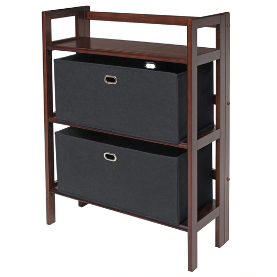 38.5" Walnut Folding Bookcase with Black Fabric Basket