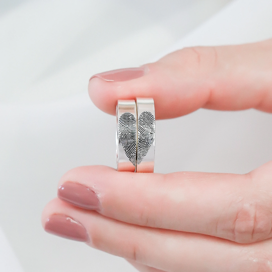 Set Of 2 Fingerprint Rings Actual Jewelry Couple Wedding Band Memorial Anniversary Gift For Him Rm44
