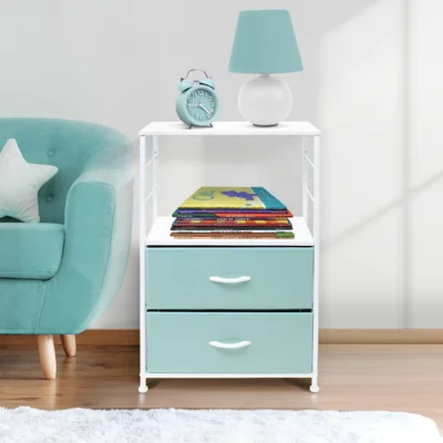 Sorbus Nightstand 2-Drawer Storage Dresser - Bedroom Furniture, Accent End Table Chest, College Dorm, Steel Frame, Wood Shelf & Top,Fabric Bins (Aqua)