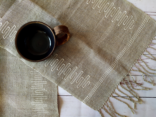 Natural Beige Linen Table Runner With White Geometric Pattern - Hand Woven Rustic Kitchen Decor