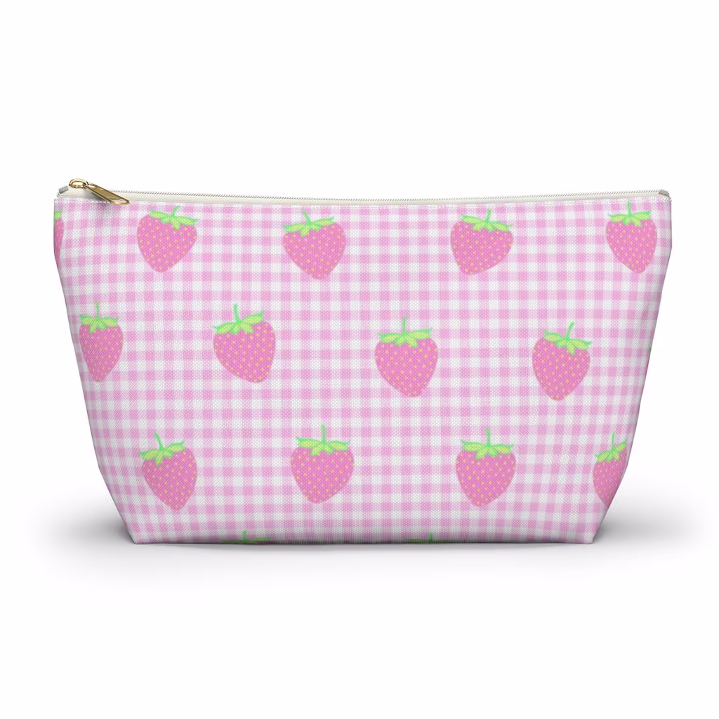 strawberries & Gingham Pouch, Cosmetic Bag, Pencil Case