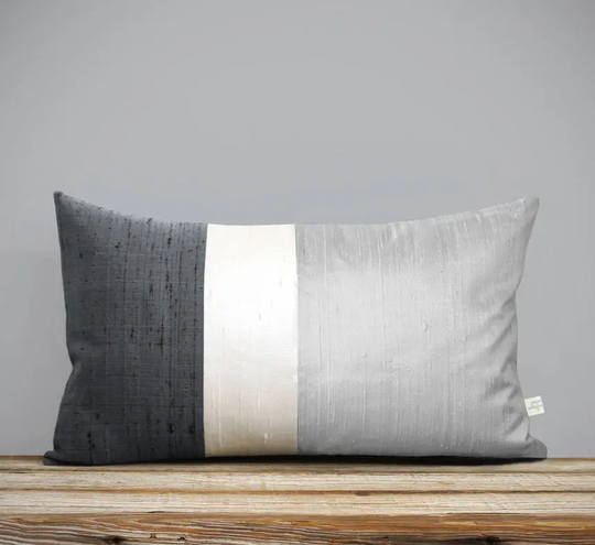 Gradient Silk Color Block Pillow in Silver, White + Gray By Jillianrenedecor | 12x20 Modern Home Decor | Minimal Monochromatic Holiday