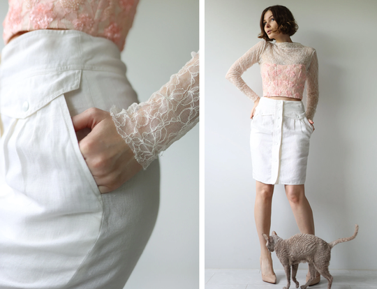 Italian Vintage White Pure Linen Above The Knee Length High Waist Pencil Mini Skirt S