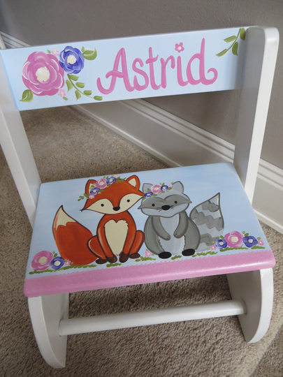 Personalized Chair Step Flip Stool Pretty in Pink & Purple Fox Racoon