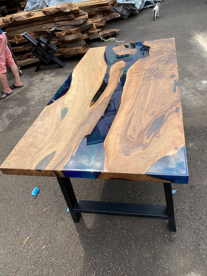 Live Edge Table, Wooden Epoxy Dining Custom 72" X 36" Walnut Blue, Turquoise, Green Table For Nicholas Cau