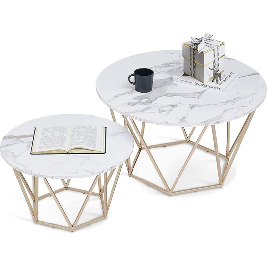 ivinta Round Coffee Table Set of 2, Modern End Tables for Living Room, Tempered Glass/White Faux Marble Tea Tables