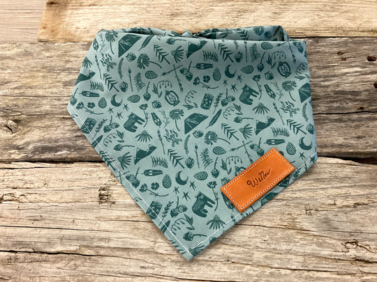 Dog Bandana, Camping Stories, Adventure Outdoor Woodland Green Traditional Tie, Personalized Leather Name Tag Pet Accessories
