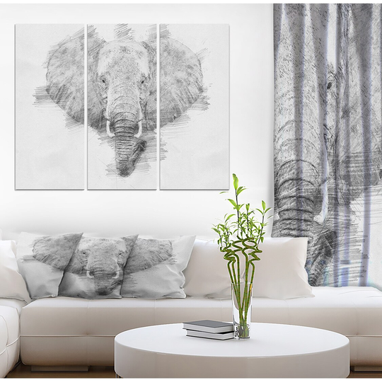 Designart 'Elephant in Pencil Sketch' Sketch Animals Print on Wrapped Canvas set - 36x28 - 3 Panels
