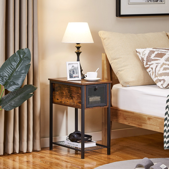 Flip Top Side Table with 1-Drawer and Steel Mesh Shelf ,Slim Sofa Table, Rustic Brown