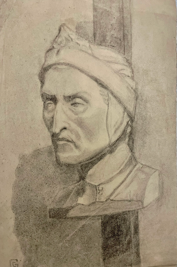 1890S French Pencil Drawing. Portrait Of Dante. Academic Drawing.france