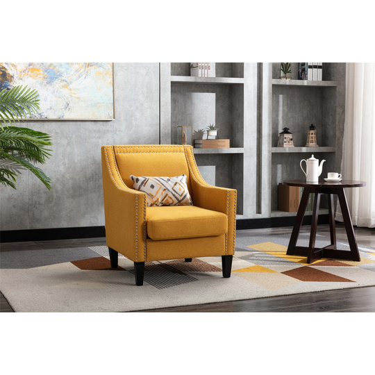 Mid Century Modern Armchair Living Room Linen Fabric Padded Seat Accent Chair with Nailheads