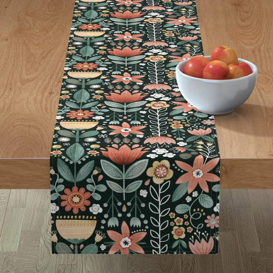 Folk Art Flowers Table Runner - Dark Floral By Fineapple Pair Garden Botanical Peach Green Coral Cotton Sateen Spoonflower