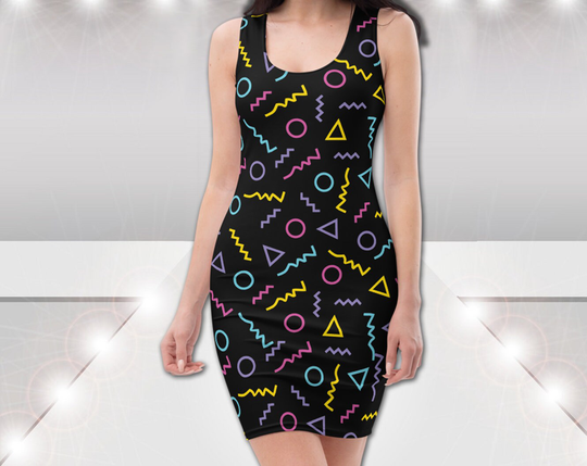 Retro #7 - Bodycon Pencil Tank Dress Memphis Neon Paint Geometric Triangles Lines Bold 80S Abstract Art Cute Hot Cocktail Party Gift