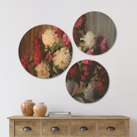 Designart 'Bouquet of Blooming Peonies' Floral Wood Wall Art Set of 3 Circles - Multi-Color