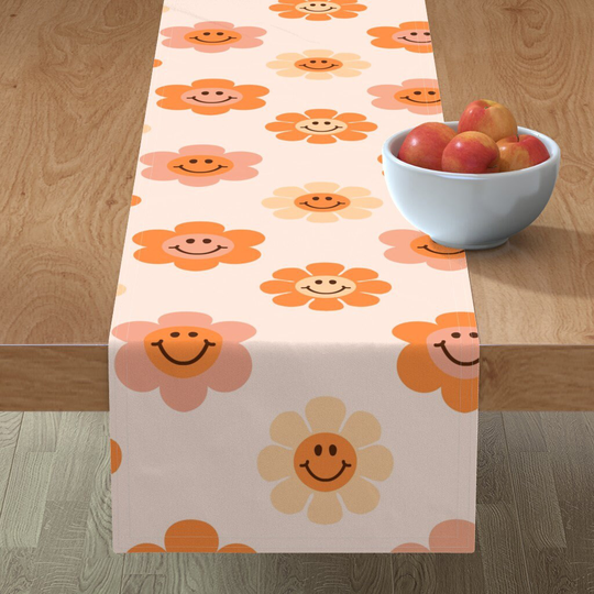 Retro Smiley Flowers Table Runner - Floral By Charlottewinter Peach Girls Hippie Cotton Sateen Spoonflower