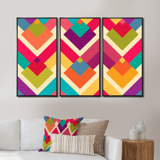 Designart 'Rhombus Geometrics In Retro Colors I' Patterned Framed Wall Art Set of 3 - 4 Colors of Frames