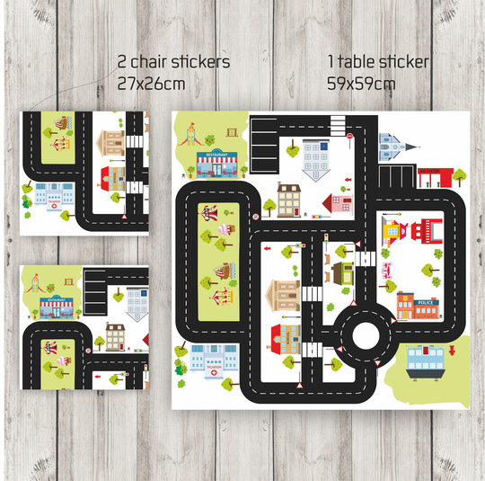 Play Mat For Cars 59x59cm Furniture Stickers "Ride On City" & 2 Chairs 27x26cm - Not Included
