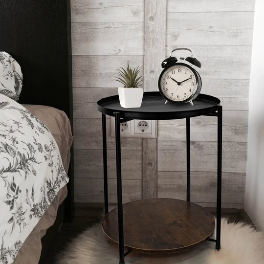 Round Wood Side Table with Storage, 2 Layer Black Metal Frame End Table