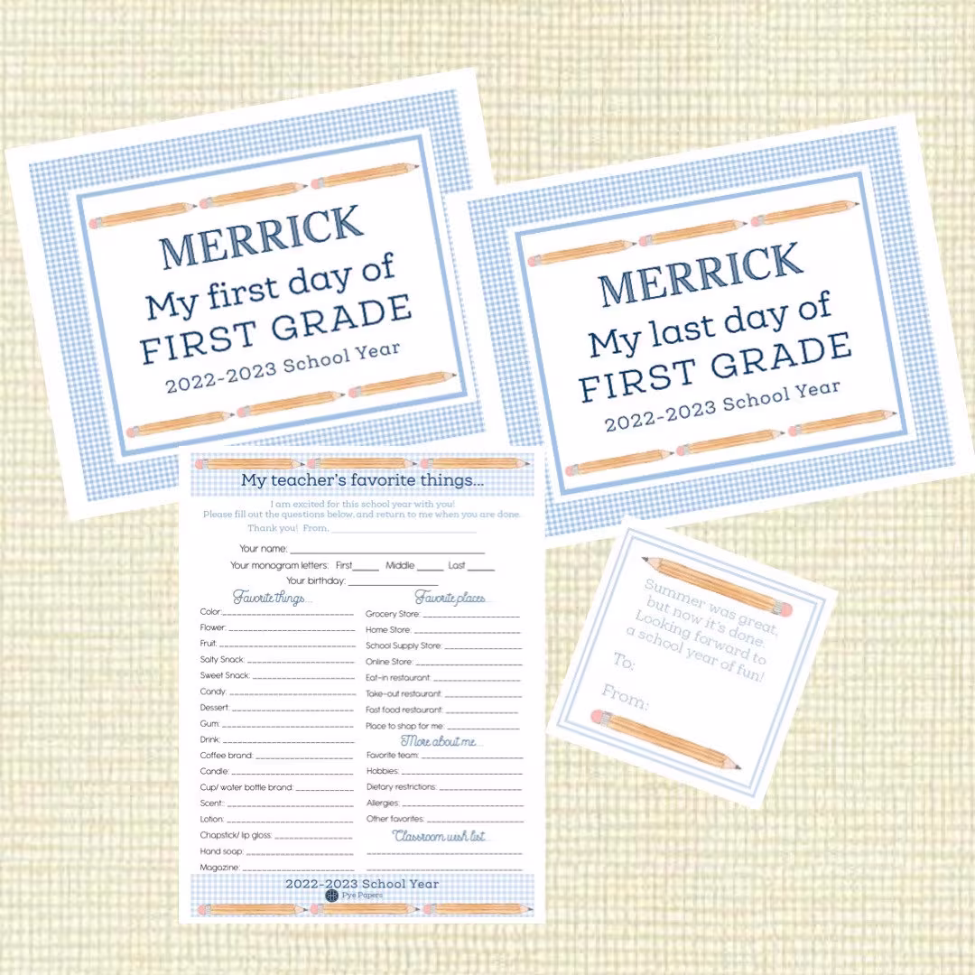 Back To School Sets - "Pencils" - Includes Custom First & Last Day Signs, 2 Teacher's Favorite Things Sheets& 4 Gift Tags