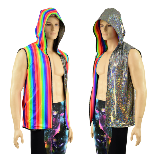 Mens Open Front Reversible Hooded Vest in Silver Kaleidoscope Holographic & Vertical Rainbow Stripe 1579113