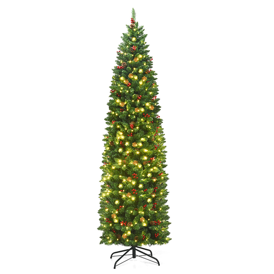 Costway 4.5Ft/6.5Ft/7.5Ft Pre-lit Hinged Pencil Christmas Tree with