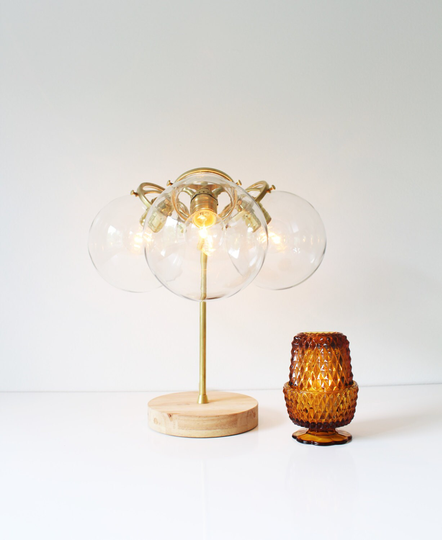 Brass Table Lamp, Mid Century Modern Bubble Desk 3 Clear Glass Globe Shades, Wooden Base, Industrial Home Lighting & Decor
