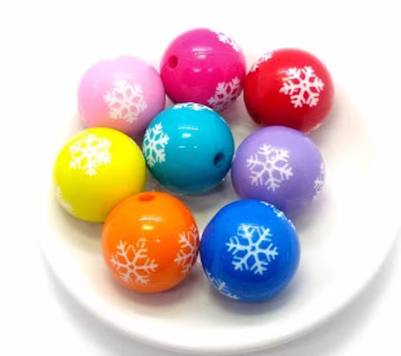 8 Snowflake Beads - Assorted Colors Acrylic Bead Christmas Plastic Round Colorful 19mm